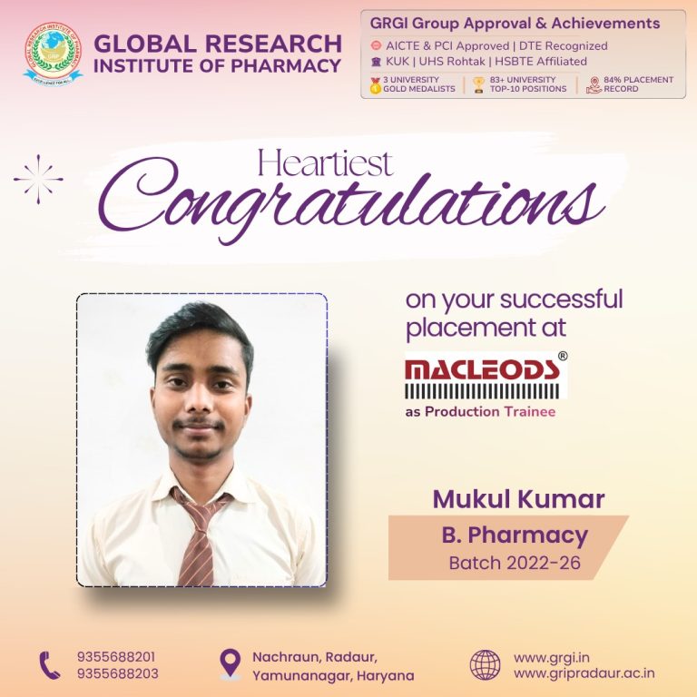 Mukul Kumar Placed at Macleods Pharmaceuticals | B Pharmacy Placement | GRIP