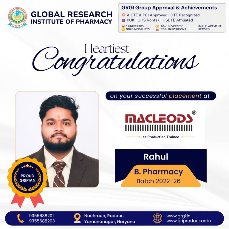 Rahul Placed at Macleods Pharmaceuticals | B Pharmacy Placement | GRIP