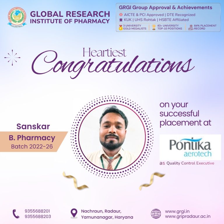 B. Pharmacy Student Sanskar Placed at Pontika Aerotech as Quality Control Executive