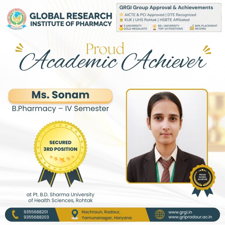 GRIP Student Ms. Sonam Secures 3rd University Position in B.Pharmacy IV Semester