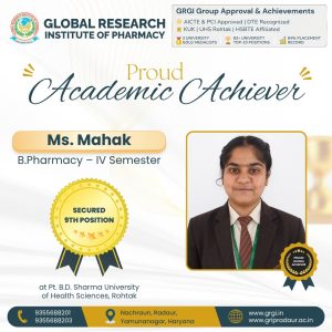 GRIP Student Ms. Mahak Secures 9th University Position in B.Pharmacy IV Semester