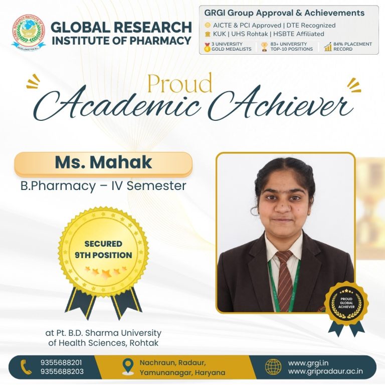 GRIP Student Ms. Mahak Secures 9th University Position in B.Pharmacy IV Semester