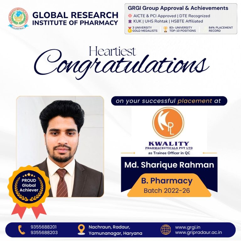 Md. Sharique Rahman Secures Placement at Kwality Pharmaceuticals Pvt. Ltd. as Trainee Officer in QC