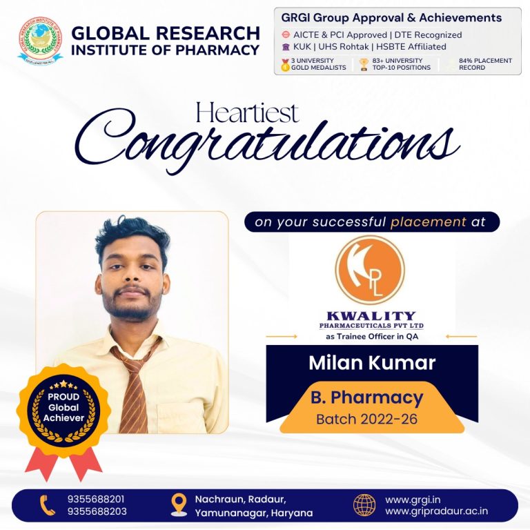 GRGI Student Milan Kumar Secures Placement at Kwality Pharmaceuticals Pvt. Ltd.