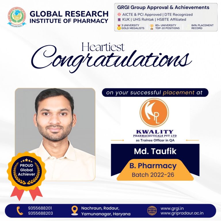 GRIP Student Md. Taufik Secures Placement at Kwality Pharmaceuticals Pvt. Ltd.