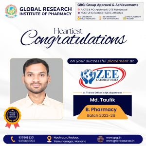 GRIP Student Md. Taufik Achieves Placement at Zee Laboratories as QA Trainee Officer