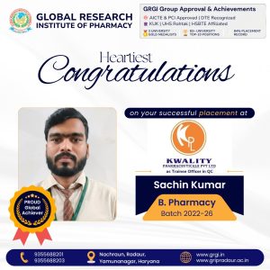 GRIG Student Sachin Kumar Secures Placement at Kwality Pharmaceuticals Pvt. Ltd.