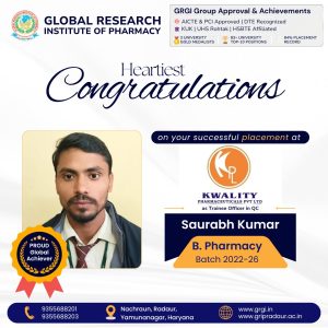 GRGI Student Saurabh Kumar Secures Placement at Kwality Pharmaceuticals Pvt. Ltd.