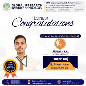 Hansh Raj Placed at Kwality Pharmaceuticals Pvt. Ltd. | B Pharmacy Placement 2026 | GRIP Radaur