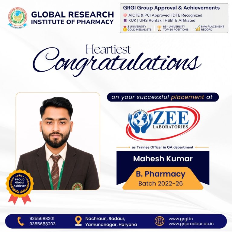 GRIP Student Mahesh Kumar Secures Placement at Zee Laboratories as QA Trainee Officer